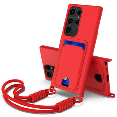 For Samsung Galaxy S23 Ultra Liquid Silicone Case  Phone Back Cover with Card Holder and Short Strap