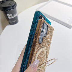 Coque magnétique pour Samsung Galaxy S25 Ultra avec béquille, étui scintillant en TPU électroplaqué et PC 