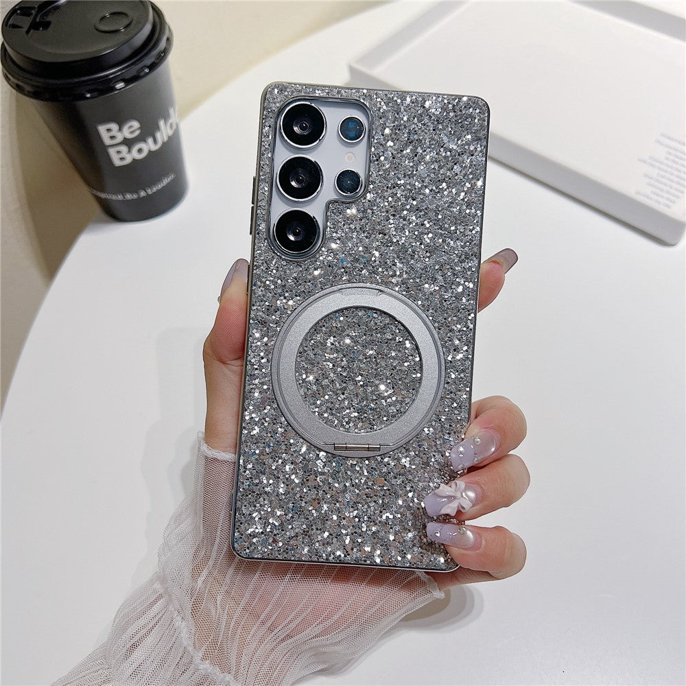 Coque magnétique pour Samsung Galaxy S25 Ultra avec béquille, étui scintillant en TPU électroplaqué et PC 