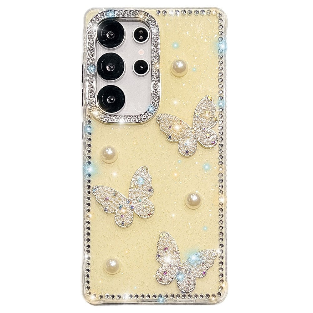 Für Samsung Galaxy S24 Ultra Hülle Strass Rand Perle Schmetterling Dekor TPU + PC IMD Telefonabdeckung 