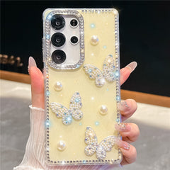 For Samsung Galaxy S24 Ultra Case Rhinestone Edge Pearl Butterfly Decor TPU + PC IMD Phone Cover