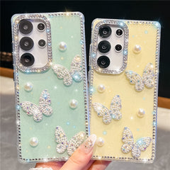 For Samsung Galaxy S24 Ultra Case Rhinestone Edge Pearl Butterfly Decor TPU + PC IMD Phone Cover
