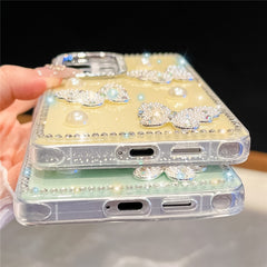 For Samsung Galaxy S24 Ultra Case Rhinestone Edge Pearl Butterfly Decor TPU + PC IMD Phone Cover
