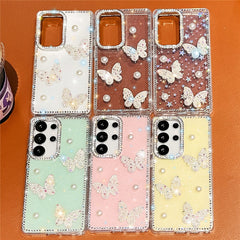 For Samsung Galaxy S24 Ultra Case Rhinestone Edge Pearl Butterfly Decor TPU + PC IMD Phone Cover