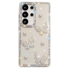 For Samsung Galaxy S24 Ultra Case Rhinestone Edge Pearl Butterfly Decor TPU + PC IMD Phone Cover