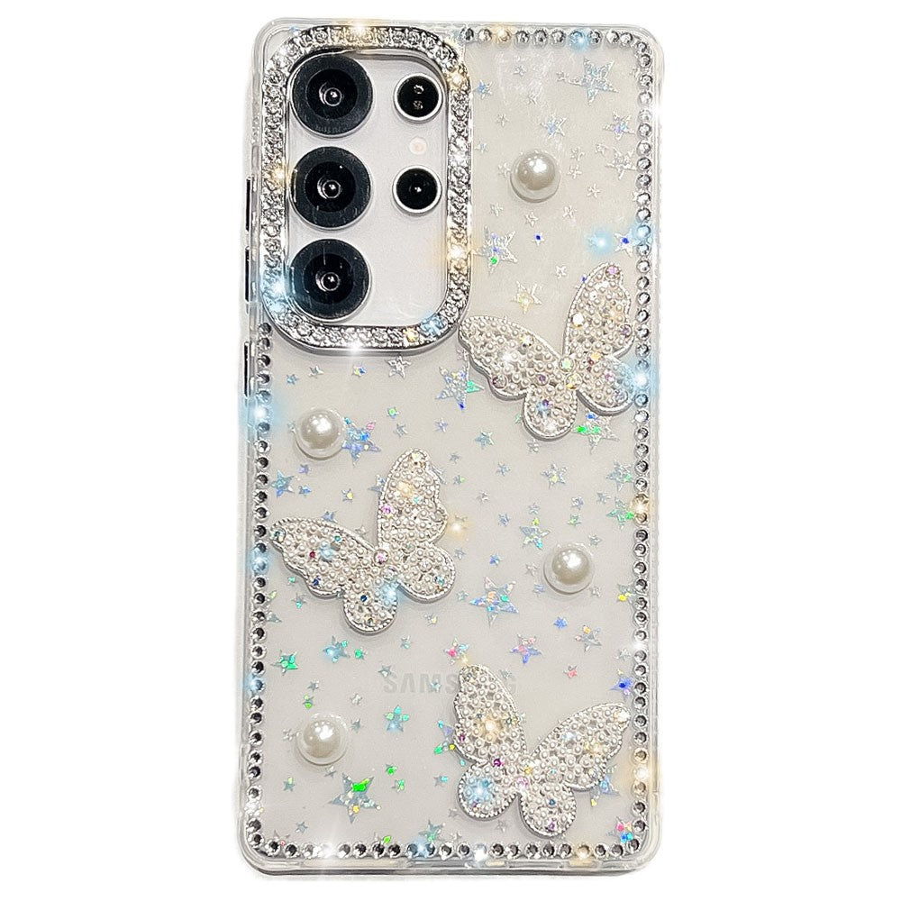 For Samsung Galaxy S24 Ultra Case Rhinestone Edge Pearl Butterfly Decor TPU + PC IMD Phone Cover