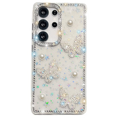 For Samsung Galaxy S24 Ultra Case Rhinestone Edge Pearl Butterfly Decor TPU + PC IMD Phone Cover