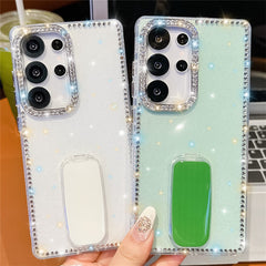 For Samsung Galaxy S24 Ultra Case with Straight Mirror Kickstand Rhinestone Edge TPU + PC IMD Phone Cover