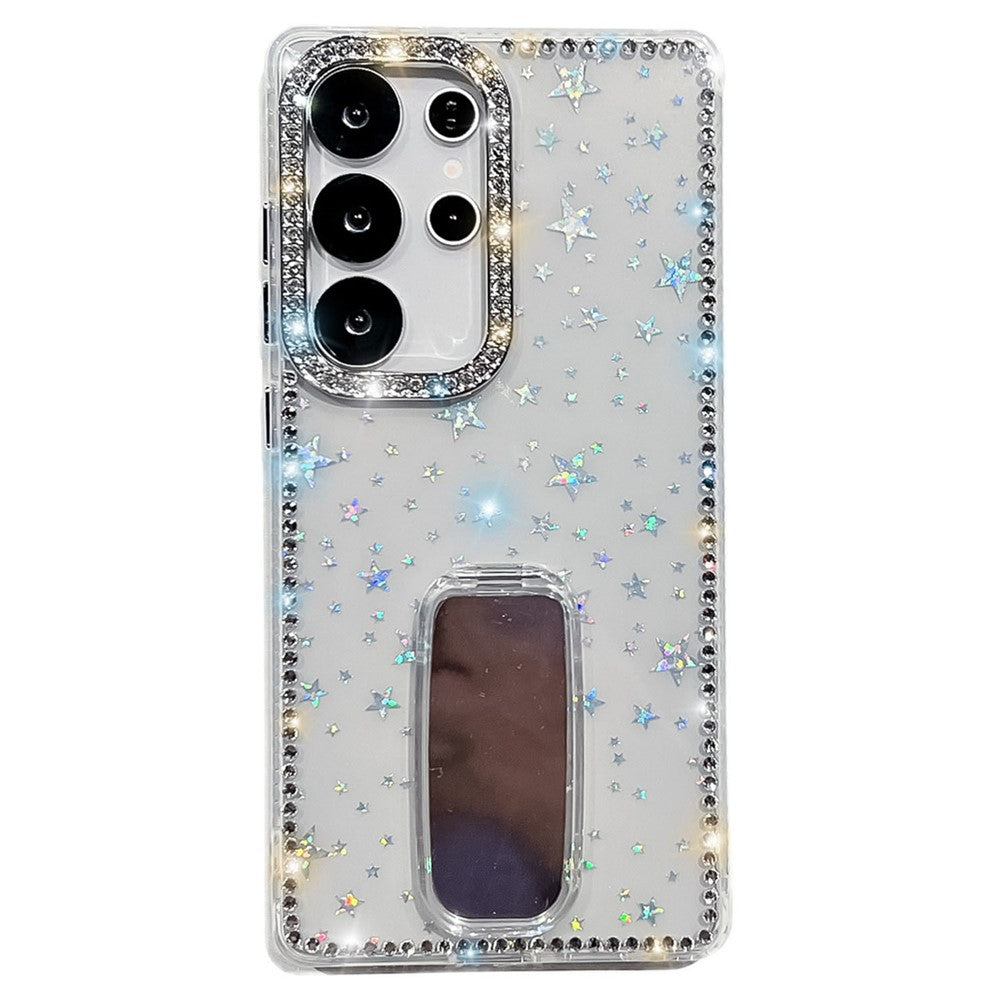 For Samsung Galaxy S24 Ultra Case with Straight Mirror Kickstand Rhinestone Edge TPU + PC IMD Phone Cover