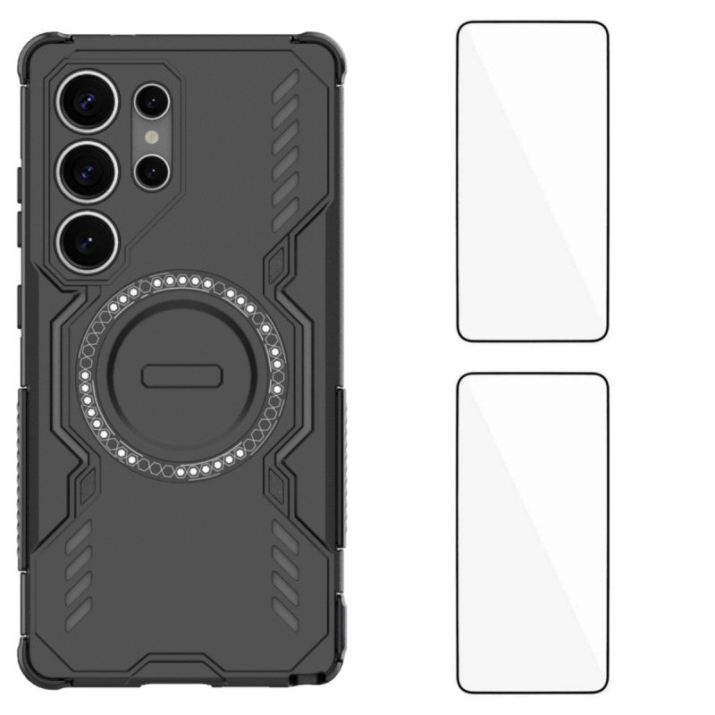 For Samsung Galaxy S25 Ultra Magnetic Case WANLONFENG DJ Series PC TPU Phone Cover with 2Pcs Tempered Glass Film