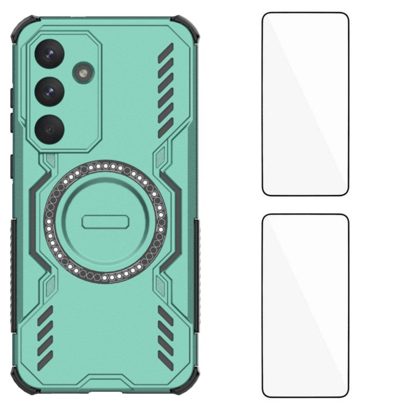Für Samsung Galaxy S25 FE Magnethülle WANLONFENG DJ-Serie PC TPU-Telefonabdeckung mit 2 Stück gehärteter Glasfolie 