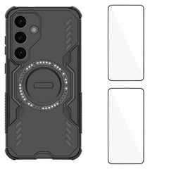 For Samsung Galaxy S25+ Magnetic Case WANLONFENG DJ Series PC TPU Phone Cover with 2Pcs Tempered Glass Film
