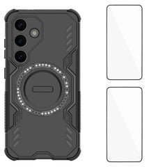 For Samsung Galaxy S25 Magnetic Case WANLONFENG DJ Series PC TPU Phone Cover with 2Pcs Tempered Glass Film