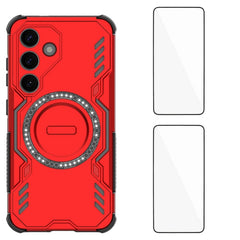 For Samsung Galaxy S25 Magnetic Case WANLONFENG DJ Series PC TPU Phone Cover with 2Pcs Tempered Glass Film
