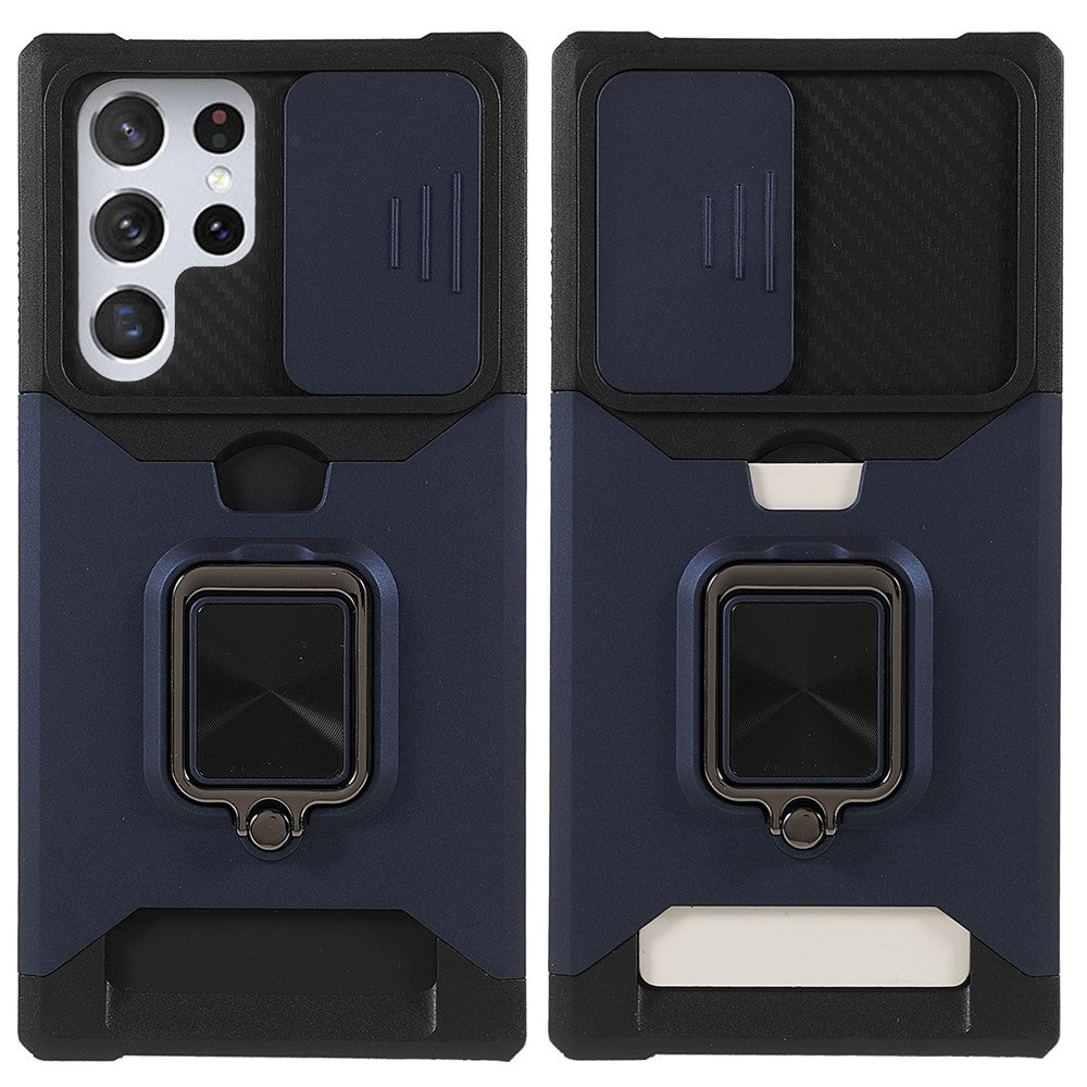 For Samsung Galaxy S25 Ultra Case Kickstand Slide Lens Lid PC + TPU Phone Cover with Card Slot