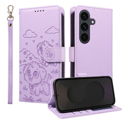 For Samsung Galaxy S25 FE Case RFID Blocking Imprinted Dog Pattern PU Leather Phone Cover with Wrist Strap