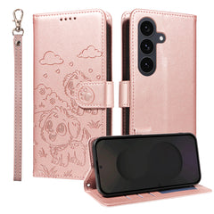 For Samsung Galaxy S25 FE Case RFID Blocking Imprinted Dog Pattern PU Leather Phone Cover with Wrist Strap
