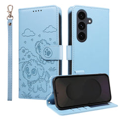 For Samsung Galaxy S25 FE Case RFID Blocking Imprinted Dog Pattern PU Leather Phone Cover with Wrist Strap