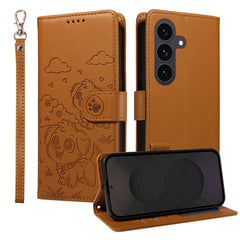 For Samsung Galaxy S25 FE Case RFID Blocking Imprinted Dog Pattern PU Leather Phone Cover with Wrist Strap