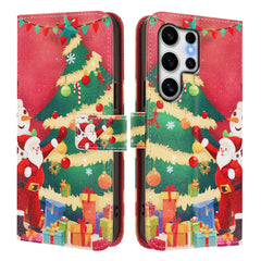 For Samsung Galaxy S25 Ultra Wallet Case Christmas Pattern Printing Leather Phone Cover with Lanyard