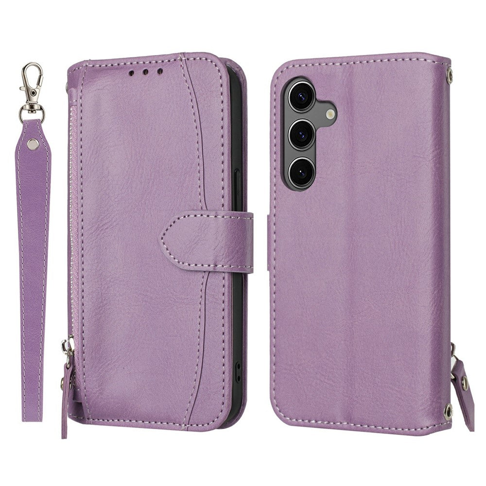 For Samsung Galaxy S25 FE Case Zipper Pocket Wallet Leather Phone Cover with Wrist Strap