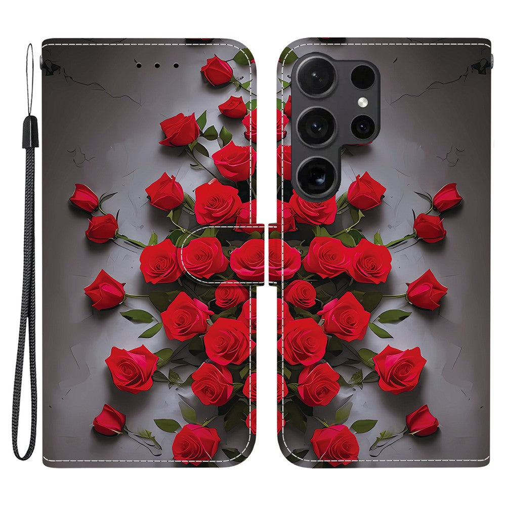 For Samsung Galaxy S25 Ultra Leather Case Stand Wallet Pattern Printing Phone Cover with Wrist Strap