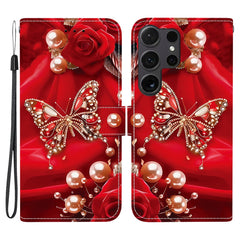 For Samsung Galaxy S25 Ultra Leather Case Stand Wallet Pattern Printing Phone Cover with Wrist Strap