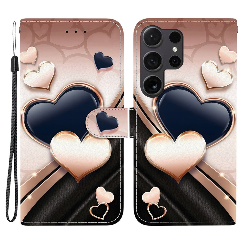 For Samsung Galaxy S25 Ultra Leather Case Stand Wallet Pattern Printing Phone Cover with Wrist Strap