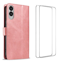 For Samsung Galaxy S25 Edge Case with 2Pcs Tempered Glass WANLONFENG WN Series Calf Texture Leather Phone Cover Big Cutouts