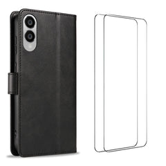 For Samsung Galaxy S25 Edge Case with 2Pcs Tempered Glass WANLONFENG WN Series Calf Texture Leather Phone Cover Big Cutouts