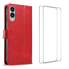 For Samsung Galaxy S25 Edge Case with 2Pcs Tempered Glass WANLONFENG WN Series Calf Texture Leather Phone Cover Big Cutouts