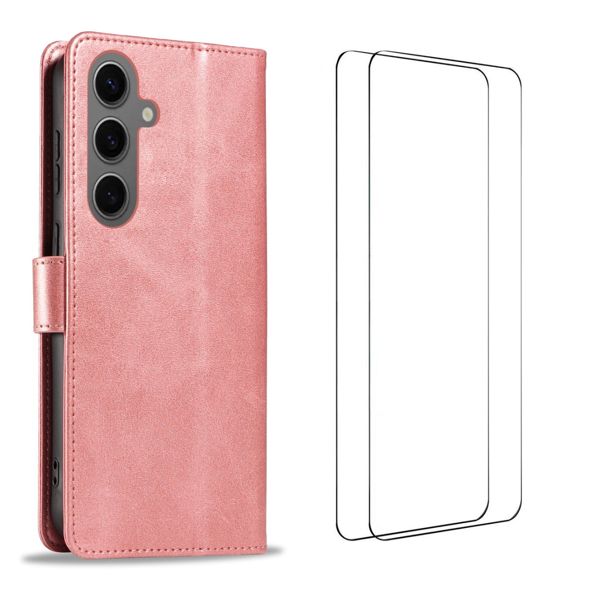 Coque pour Samsung Galaxy S25+ avec 2 verres trempés WANLONFENG WN Series, coque en cuir de veau texturé, grandes découpes 