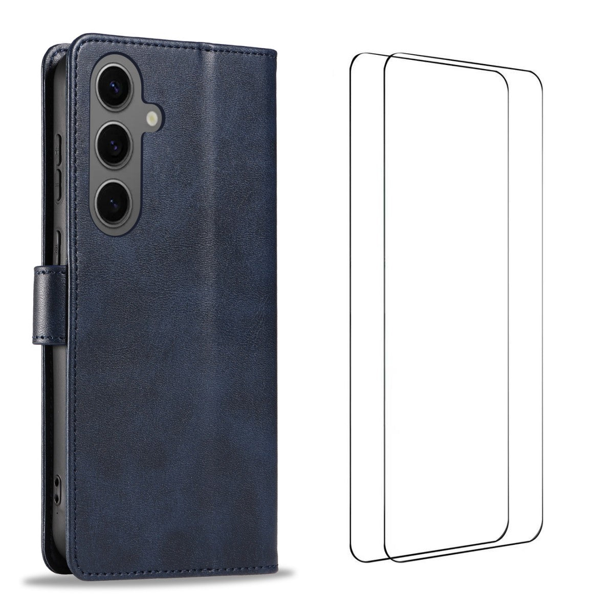 For Samsung Galaxy S25+ Case with 2Pcs Tempered Glass WANLONFENG WN Series Calf Texture Leather Phone Cover Big Cutouts