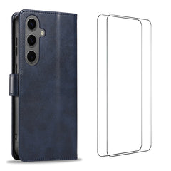 For Samsung Galaxy S25+ Case with 2Pcs Tempered Glass WANLONFENG WN Series Calf Texture Leather Phone Cover Big Cutouts