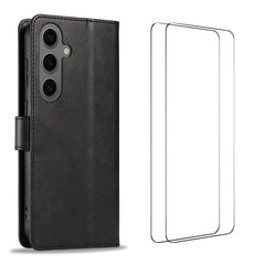 For Samsung Galaxy S24+ Case with 2Pcs Tempered Glass WANLONFENG WN Series Calf Texture Leather Phone Cover Big Cutouts