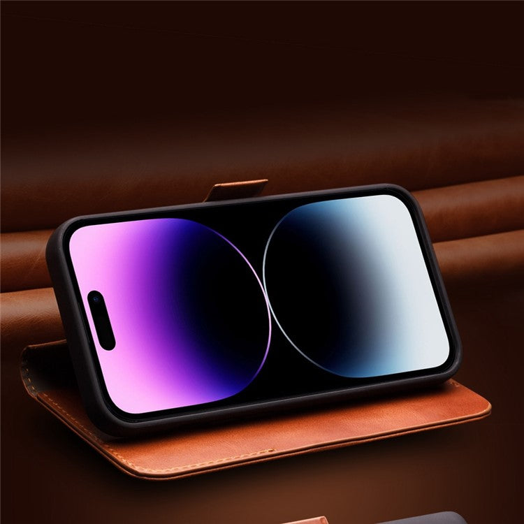 QIALINO For iPhone 14 Plus Anti-Drop Business Style Magnetic Closure Genuine Leather Flip Cover Wallet Stand Phone Cas - TechGearPal