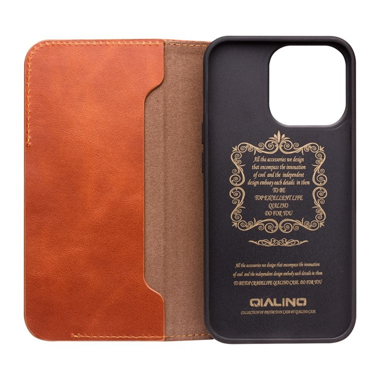 QIALINO For iPhone 14 Plus Anti-Drop Business Style Magnetic Closure Genuine Leather Flip Cover Wallet Stand Phone Cas - TechGearPal
