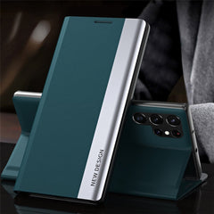 For Samsung Galaxy S23 Ultra Electroplating PU Leather Phone Stand Cover Auto Adsorption Anti-drop Case