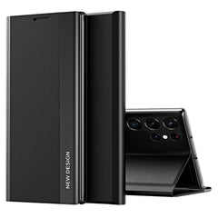For Samsung Galaxy S23 Ultra Electroplating PU Leather Phone Stand Cover Auto Adsorption Anti-drop Case