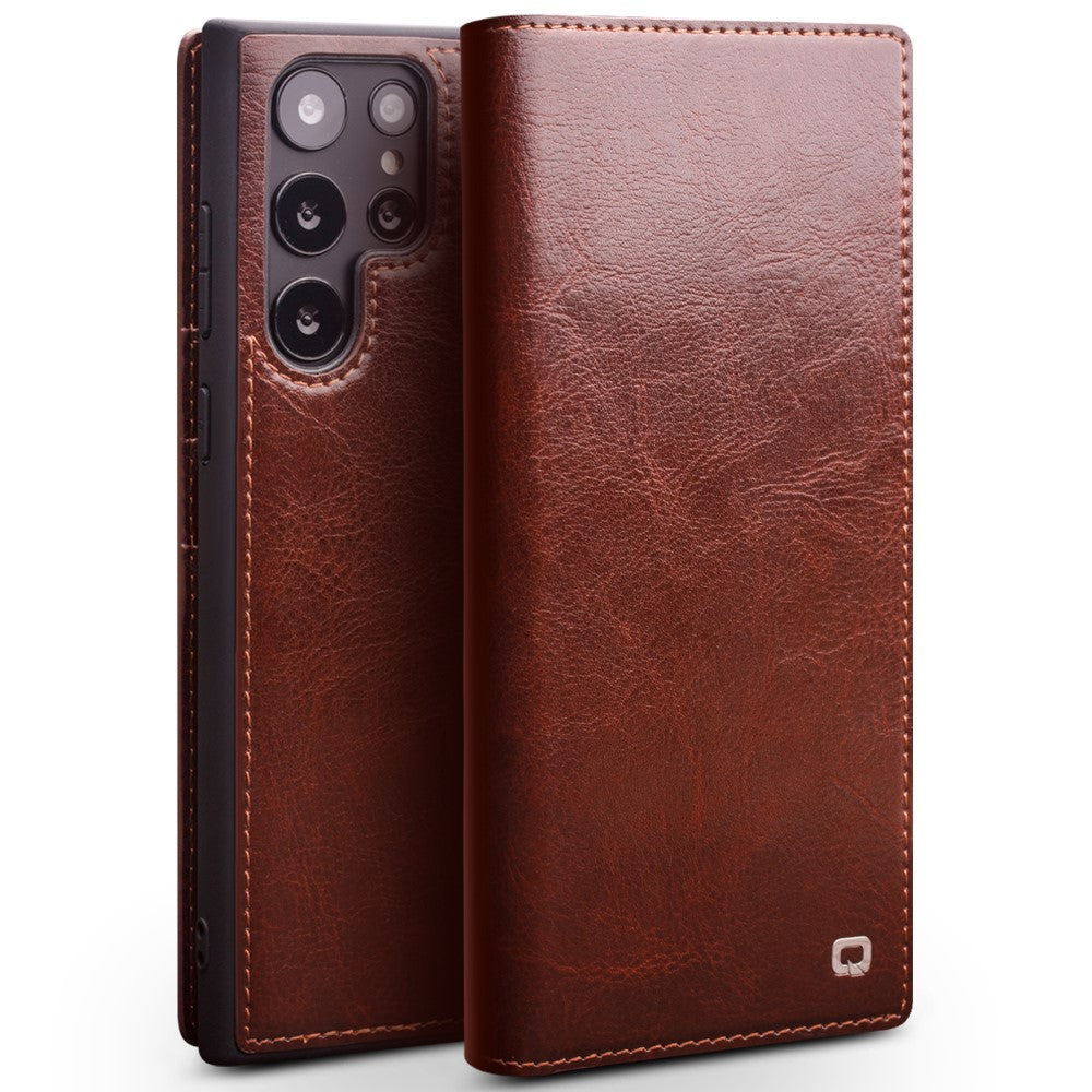 QIALINO For Samsung Galaxy S23 Ultra Shockproof Genuine Leather Phone Case Business Style Anti-Scratch Flip Cover Wallet Stand