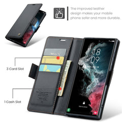 For Samsung Galaxy S22 Ultra 5G Leather Case CASEME 023 RFID Blocking 3 Card Slot Mobile Cover