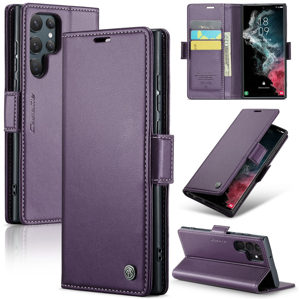 For Samsung Galaxy S22 Ultra 5G Leather Case CASEME 023 RFID Blocking 3 Card Slot Mobile Cover