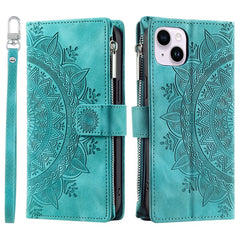 Mandala Flower Imprinted PU Leather Cover for iPhone 15 Zipper Pocket Anti-Drop Wallet Phone Case with Strap - TechGearPal
