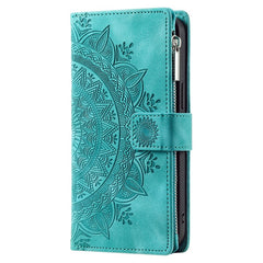 Mandala Flower Imprinted PU Leather Cover for iPhone 15 Zipper Pocket Anti-Drop Wallet Phone Case with Strap - TechGearPal