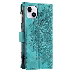 Mandala Flower Imprinted PU Leather Cover for iPhone 15 Zipper Pocket Anti-Drop Wallet Phone Case with Strap - TechGearPal
