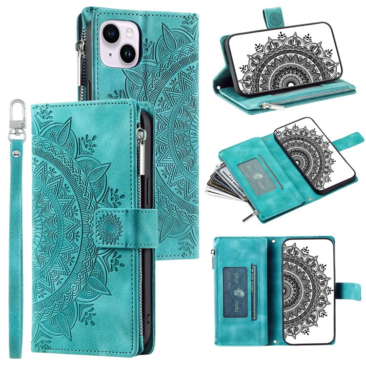 Mandala Flower Imprinted PU Leather Cover for iPhone 15 Zipper Pocket Anti-Drop Wallet Phone Case with Strap - TechGearPal