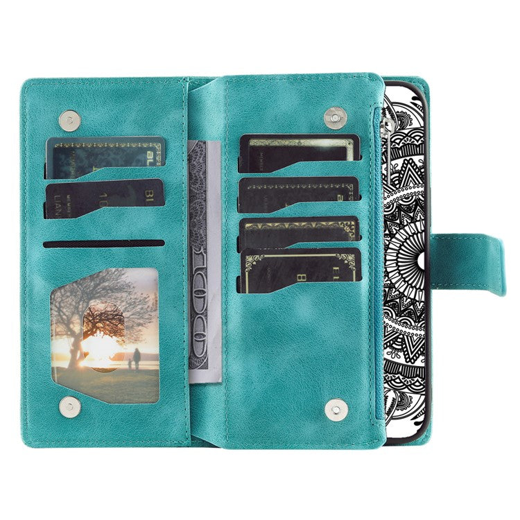 Mandala Flower Imprinted PU Leather Cover for iPhone 15 Zipper Pocket Anti-Drop Wallet Phone Case with Strap - TechGearPal