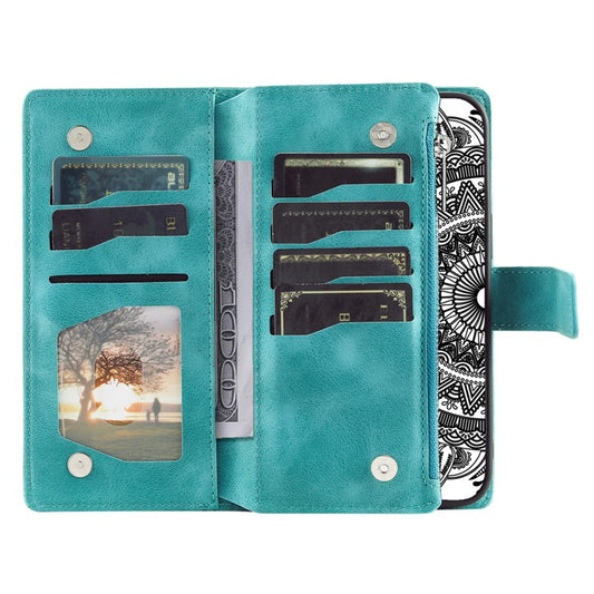 Mandala Flower Imprinted PU Leather Cover for iPhone 15 Zipper Pocket Anti-Drop Wallet Phone Case with Strap - TechGearPal
