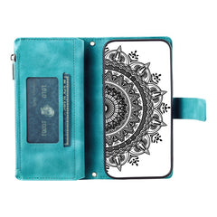 Mandala Flower Imprinted PU Leather Cover for iPhone 15 Zipper Pocket Anti-Drop Wallet Phone Case with Strap - TechGearPal
