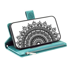Mandala Flower Imprinted PU Leather Cover for iPhone 15 Zipper Pocket Anti-Drop Wallet Phone Case with Strap - TechGearPal